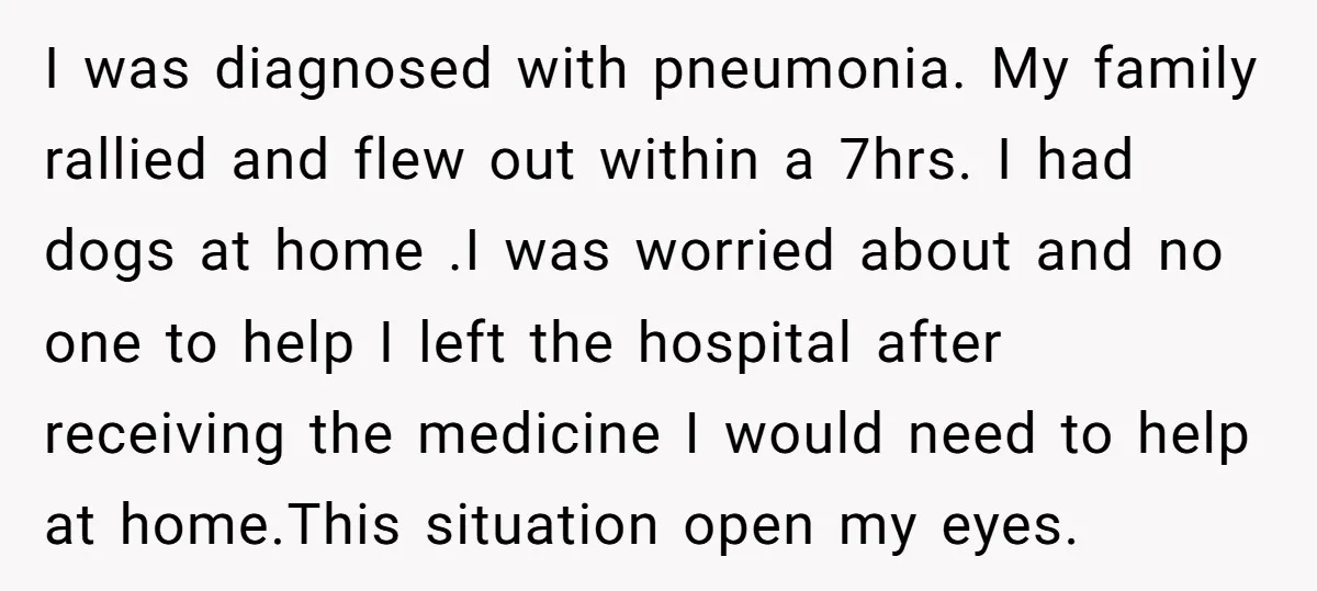 I was diagnosed with pneumonia. My family rallied and flew out within a 7hrs. I had dogs at home .I was worried about and no one to help I left...