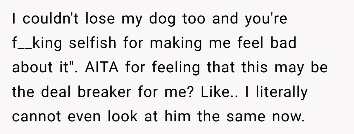 I couldn't lose my dog too and you're f__king selfish for making me feel bad about it". AITA for feeling that this may be the deal breaker for me? Like.....