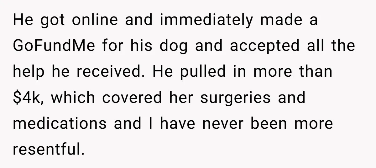He got online and immediately made a GoFundMe for his dog and accepted all the help he received. He pulled in more than $4k, which covered her surgeries and medications...