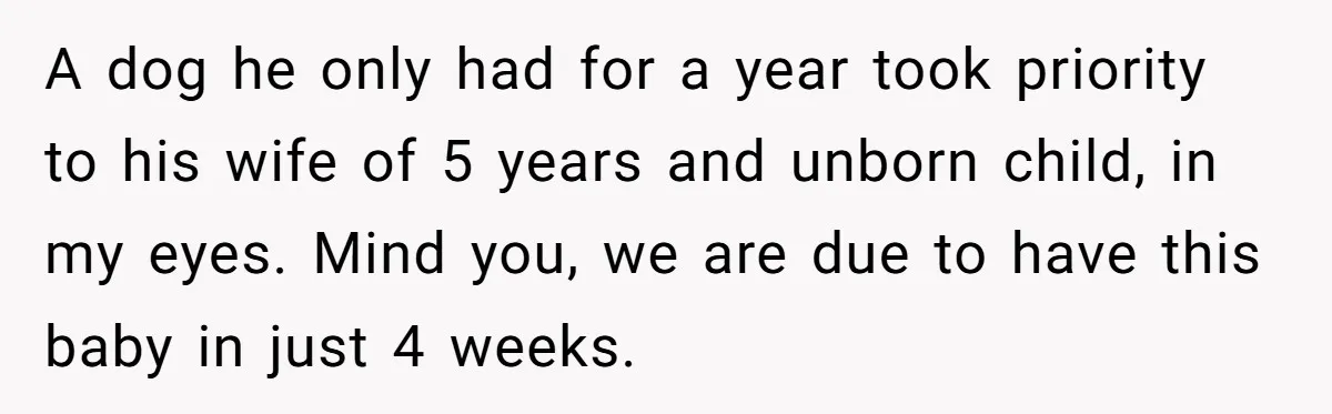 A dog he only had for a year took priority to his wife of 5 years and unborn child, in my eyes. Mind you, we are due to have this...