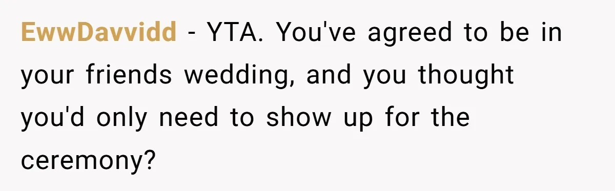 EwwDavvidd − YTA. You've agreed to be in your friends wedding, and you thought you'd only need to show up for the ceremony?