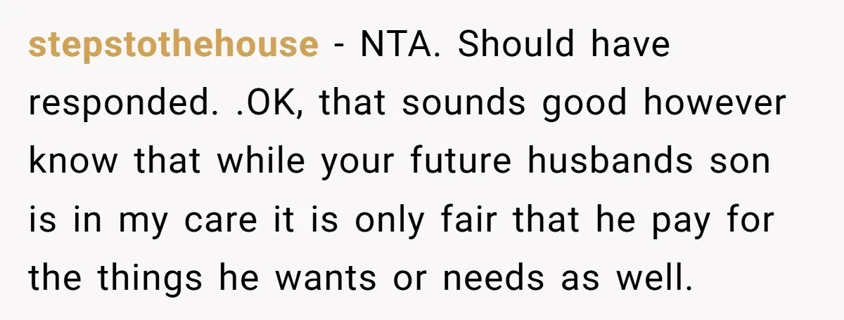 stepstothehouse − NTA. Should have responded. .OK, that sounds good however know that while your future husbands son is in my care it is only fair that he pay for...