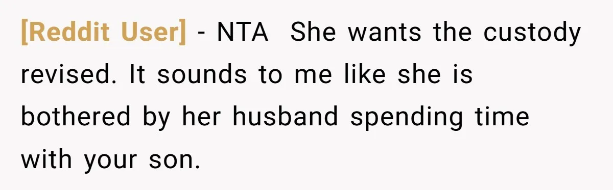 [Reddit User] − NTA  She wants the custody revised. It sounds to me like she is bothered by her husband spending time with your son.