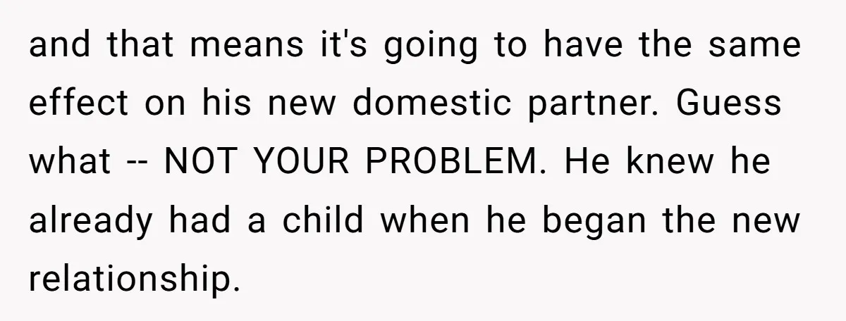 and that means it's going to have the same effect on his new domestic partner. Guess what -- NOT YOUR PROBLEM. He knew he already had a child when he...