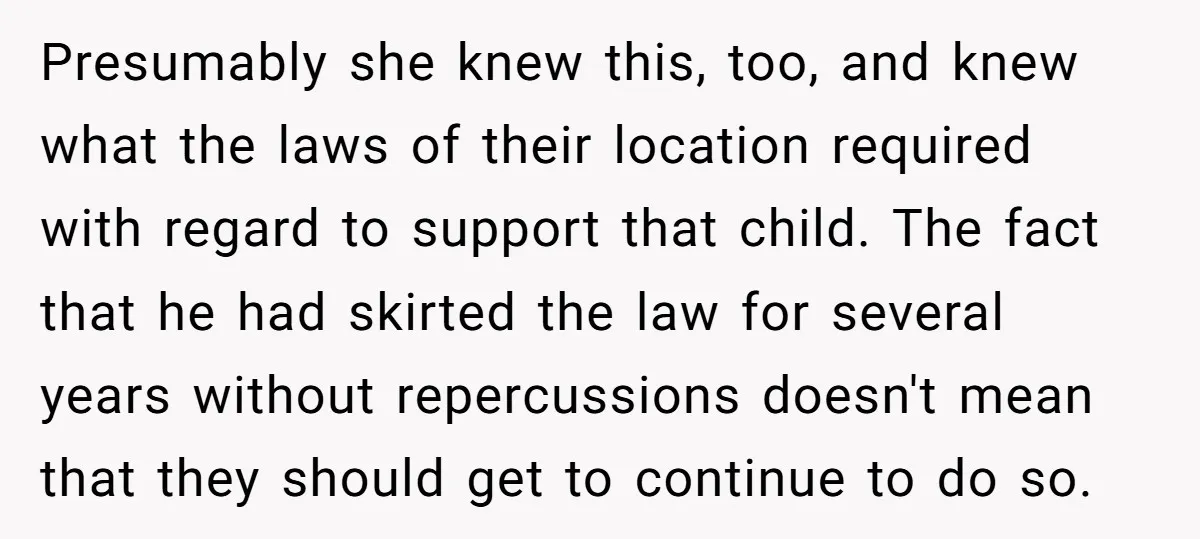 Presumably she knew this, too, and knew what the laws of their location required with regard to support that child. The fact that he had skirted the law for several...