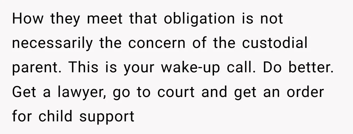 How they meet that obligation is not necessarily the concern of the custodial parent. This is your wake-up call. Do better. Get a lawyer, go to court and get an...