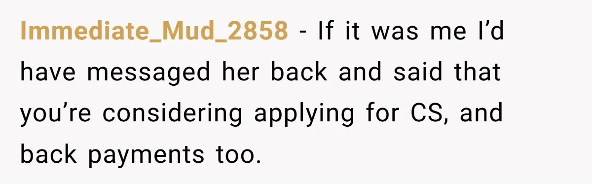 Immediate_Mud_2858 − If it was me I’d have messaged her back and said that you’re considering applying for CS, and back payments too.