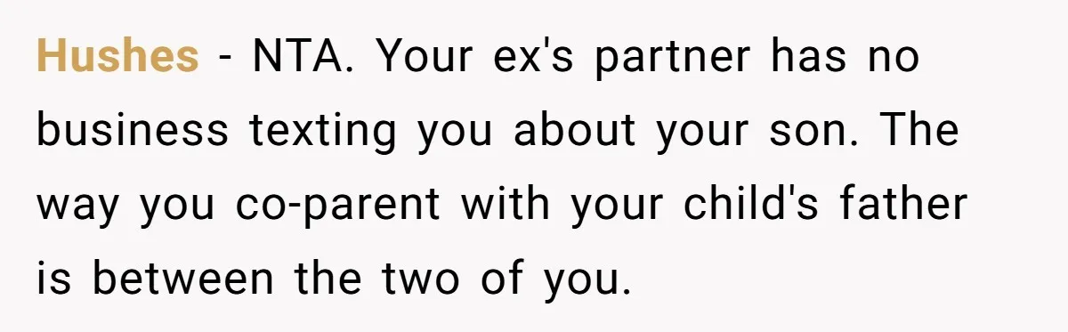 Hushes − NTA. Your ex's partner has no business texting you about your son. The way you co-parent with your child's father is between the two of you.