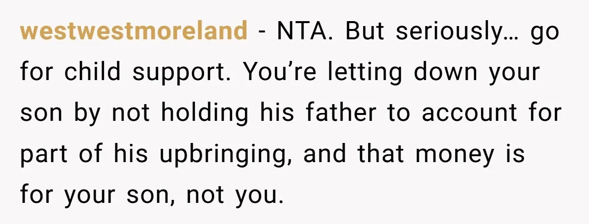 westwestmoreland − NTA. But seriously… go for child support. You’re letting down your son by not holding his father to account for part of his upbringing, and that money is...
