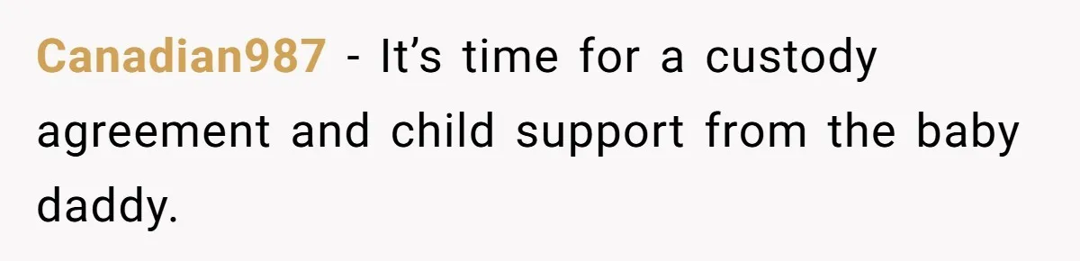 Canadian987 − It’s time for a custody agreement and child support from the baby daddy.