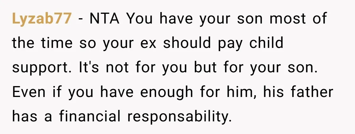 Lyzab77 − NTA You have your son most of the time so your ex should pay child support. It's not for you but for your son. Even if you have...