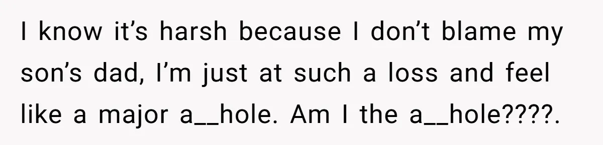 I know it’s harsh because I don’t blame my son’s dad, I’m just at such a loss and feel like a major a__hole. Am I the a__hole????.