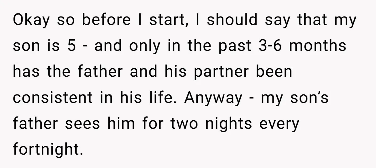 Okay so before I start, I should say that my son is 5 - and only in the past 3-6 months has the father and his partner been consistent in...
