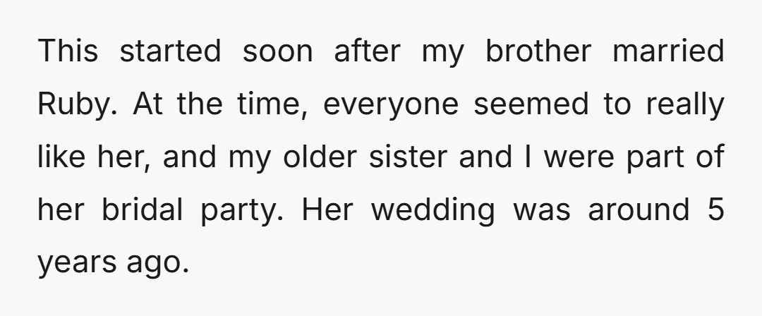 This started soon after my brother married Ruby. At the time, everyone seemed to really like her, and my older sister and I were part of her bridal party. Her...