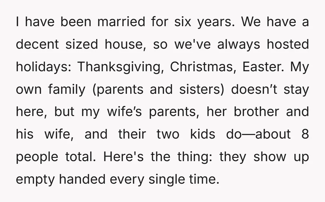 I have been married for six years. We have a decent sized house, so we've always hosted holidays: Thanksgiving, Christmas, Easter. My own family (parents and sisters) doesn’t stay here,...
