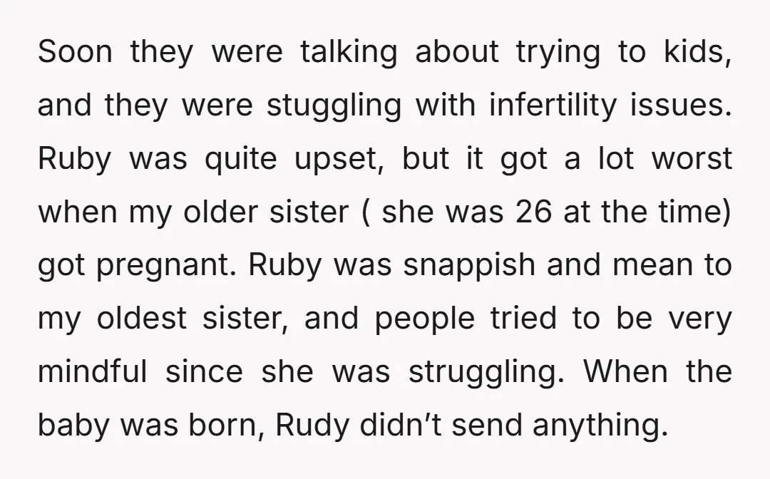 Soon they were talking about trying to kids, and they were stuggling with infertility issues. Ruby was quite upset, but it got a lot worst when my older sister (...