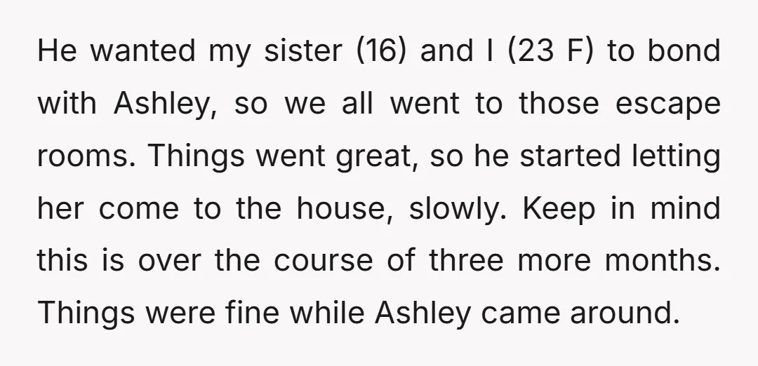 He wanted my sister (16) and I (23 F) to bond with Ashley, so we all went to those escape rooms. Things went great, so he started letting her come...