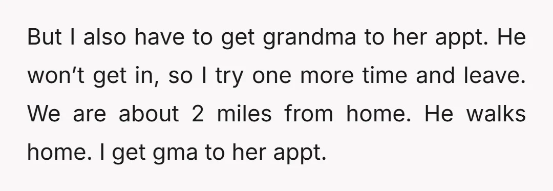 But I also have to get grandma to her appt. He won’t get in, so I try one more time and leave. We are about 2 miles from home. He...