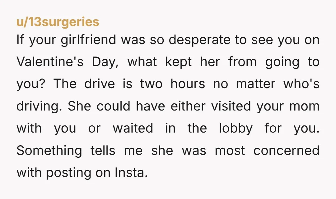 If your girlfriend was so desperate to see you on Valentine's Day, what kept her from going to you? The drive is two hours no matter who's driving. She could...