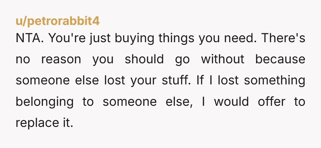 NTA. You're just buying things you need. There's no reason you should go without because someone else lost your stuff. If I lost something belonging to someone else, I would...