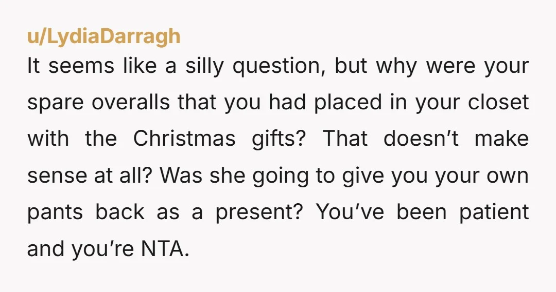 It seems like a silly question, but why were your spare overalls that you had placed in your closet with the Christmas gifts? That doesn’t make sense at all? Was...