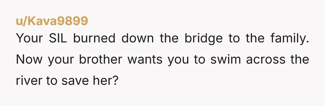 Your SIL burned down the bridge to the family. Now your brother wants you to swim across the river to save her?