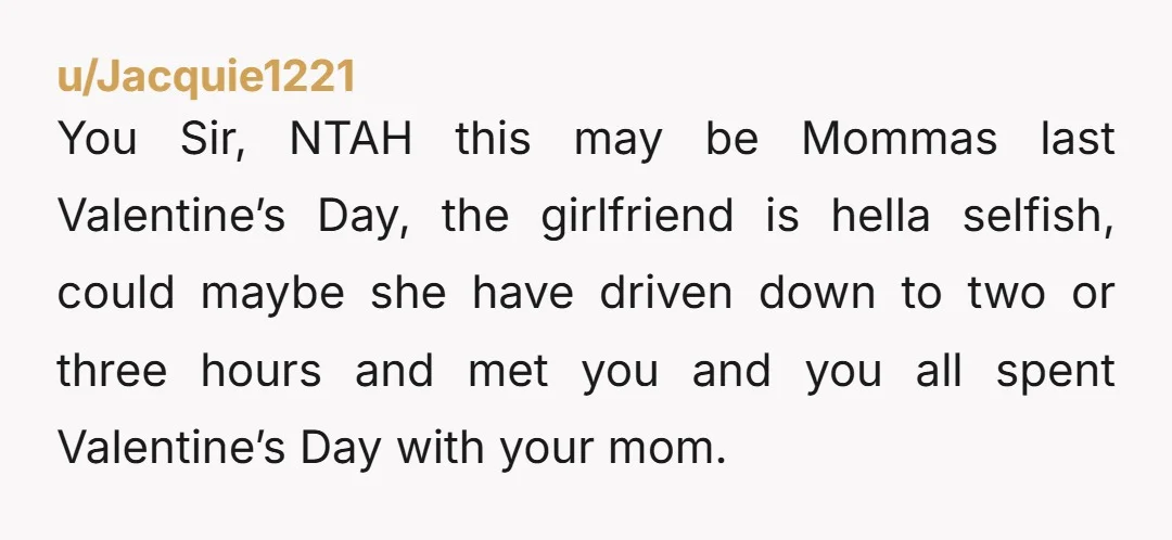You Sir, NTAH this may be Mommas last Valentine’s Day, the girlfriend is hella selfish, could maybe she have driven down to two or three hours and met you and...