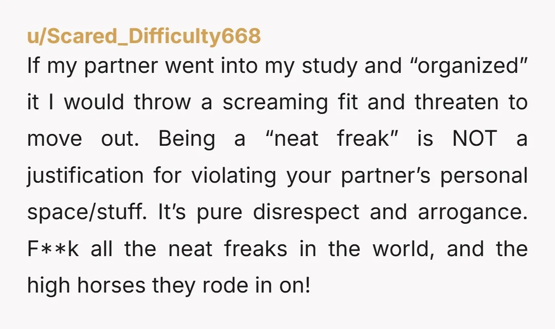 If my partner went into my study and “organized” it I would throw a screaming fit and threaten to move out. Being a “neat freak” is NOT a justification for...