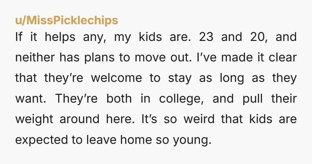 If it helps any, my kids are. 23 and 20, and neither has plans to move out. I’ve made it clear that they’re welcome to stay as long as they...
