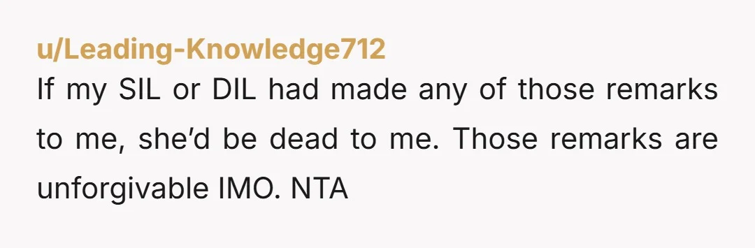 If my SIL or DIL had made any of those remarks to me, she’d be dead to me. Those remarks are unforgivable IMO. NTA