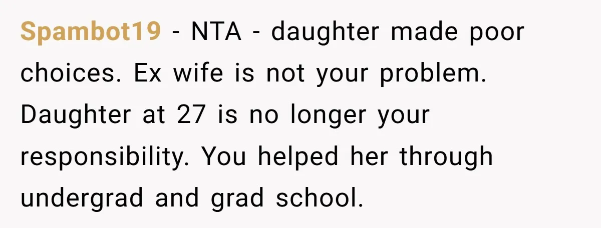 Spambot19 − NTA - daughter made poor choices. Ex wife is not your problem. Daughter at 27 is no longer your responsibility. You helped her through undergrad and grad school.