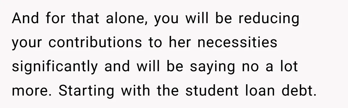 And for that alone, you will be reducing your contributions to her necessities significantly and will be saying no a lot more. Starting with the student loan debt.