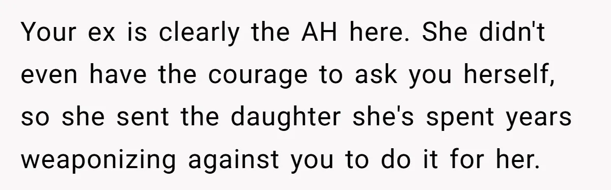 Your ex is clearly the AH here. She didn't even have the courage to ask you herself, so she sent the daughter she's spent years weaponizing against you to do...
