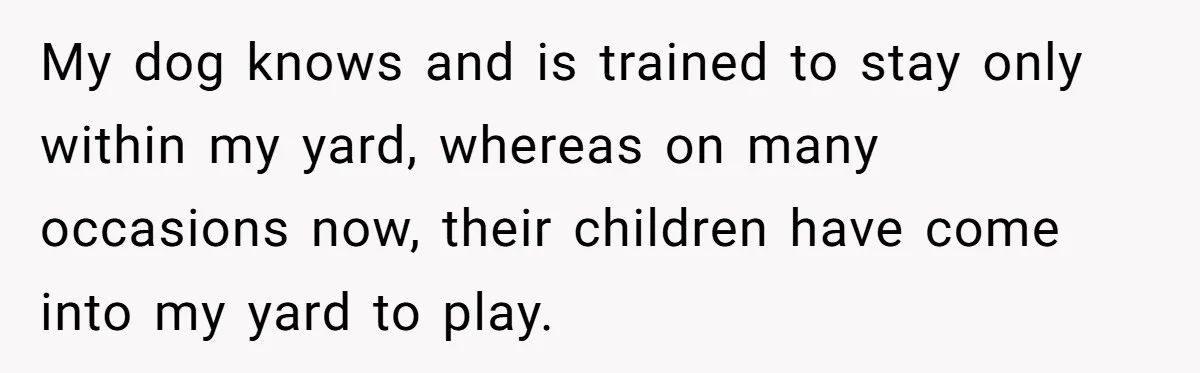 My dog knows and is trained to stay only within my yard, whereas on many occasions now, their children have come into my yard to play.
