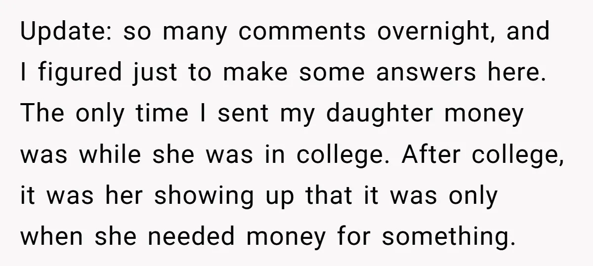 Update: so many comments overnight, and I figured just to make some answers here. The only time I sent my daughter money was while she was in college. After college,...