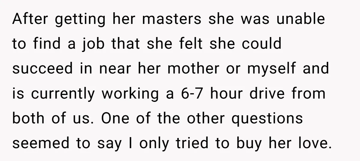 After getting her masters she was unable to find a job that she felt she could succeed in near her mother or myself and is currently working a 6-7 hour...