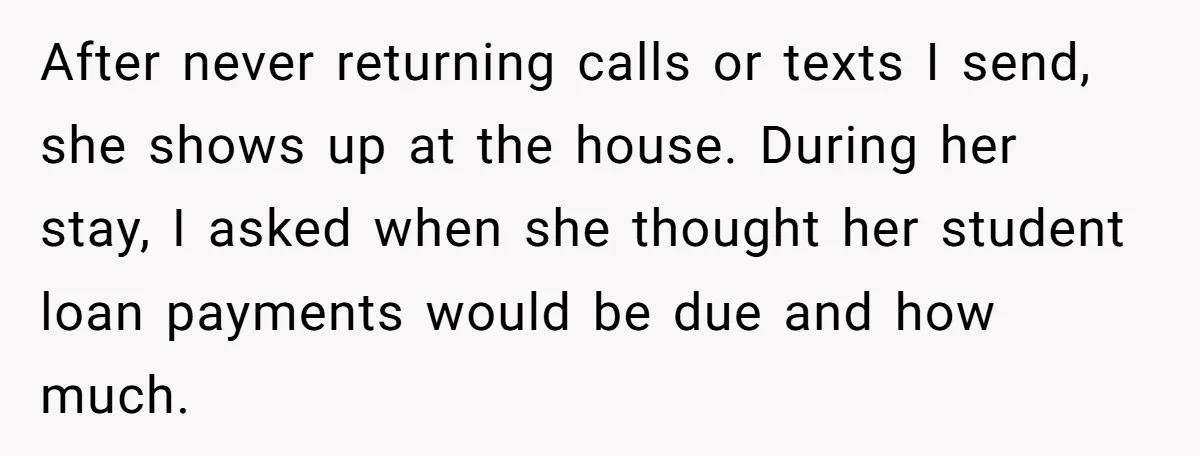 After never returning calls or texts I send, she shows up at the house. During her stay, I asked when she thought her student loan payments would be due and...