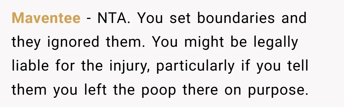 Maventee − NTA. You set boundaries and they ignored them. You might be legally liable for the injury, particularly if you tell them you left the poop there on purpose.