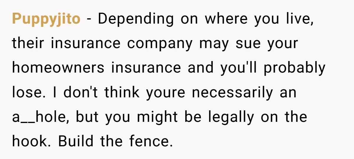 Puppyjito − Depending on where you live, their insurance company may sue your homeowners insurance and you'll probably lose. I don't think youre necessarily an a__hole, but you might be...