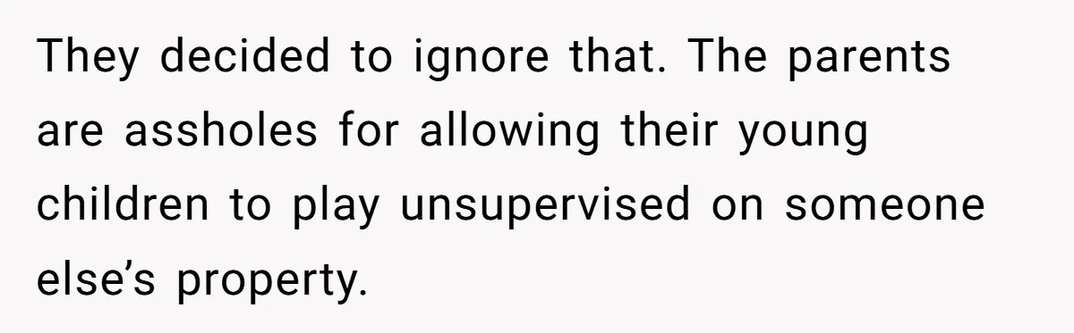 They decided to ignore that. The parents are assholes for allowing their young children to play unsupervised on someone else’s property.