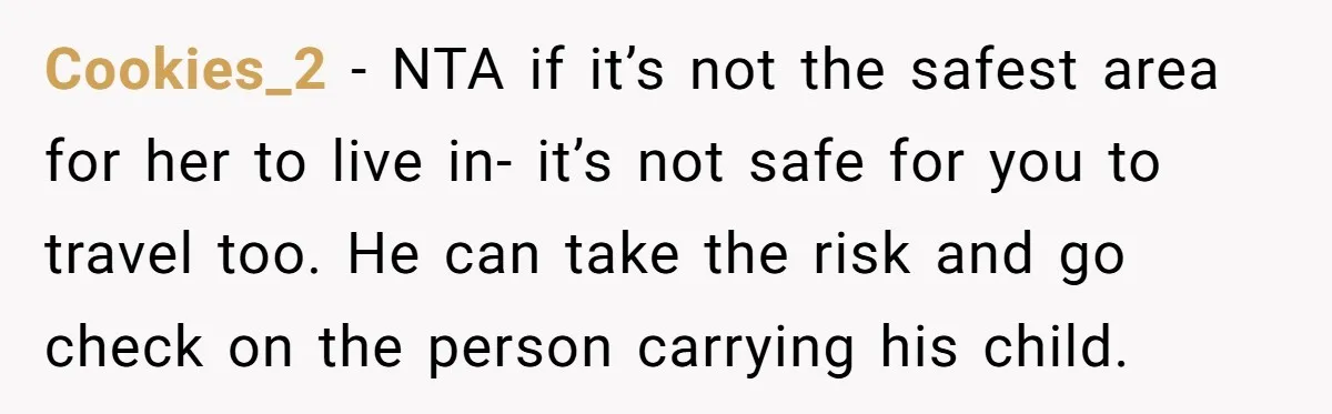 Cookies_2 − NTA if it’s not the safest area for her to live in- it’s not safe for you to travel too. He can take the risk and go check...