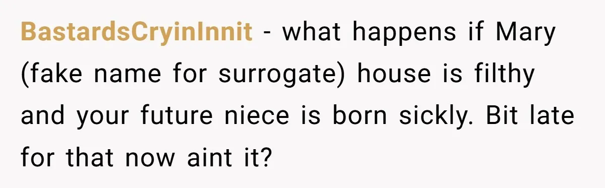 BastardsCryinInnit − what happens if Mary (fake name for surrogate) house is filthy and your future niece is born sickly. Bit late for that now aint it?