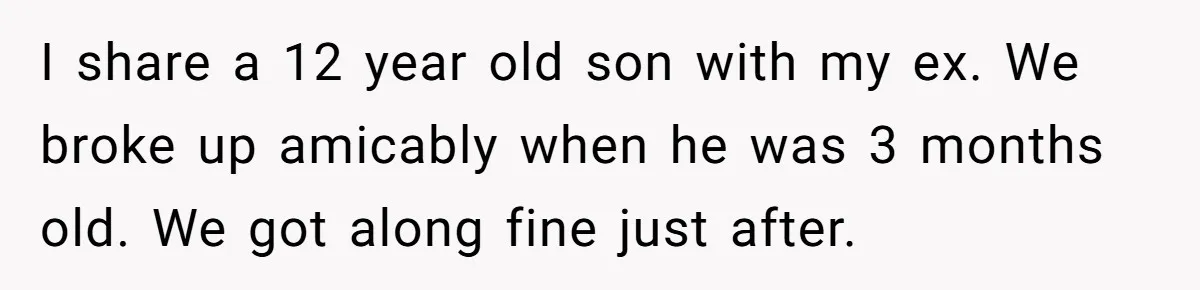 I share a 12 year old son with my ex. We broke up amicably when he was 3 months old. We got along fine just after.