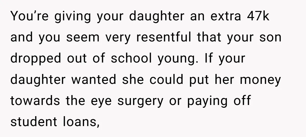 You’re giving your daughter an extra 47k and you seem very resentful that your son dropped out of school young. If your daughter wanted she could put her money towards...