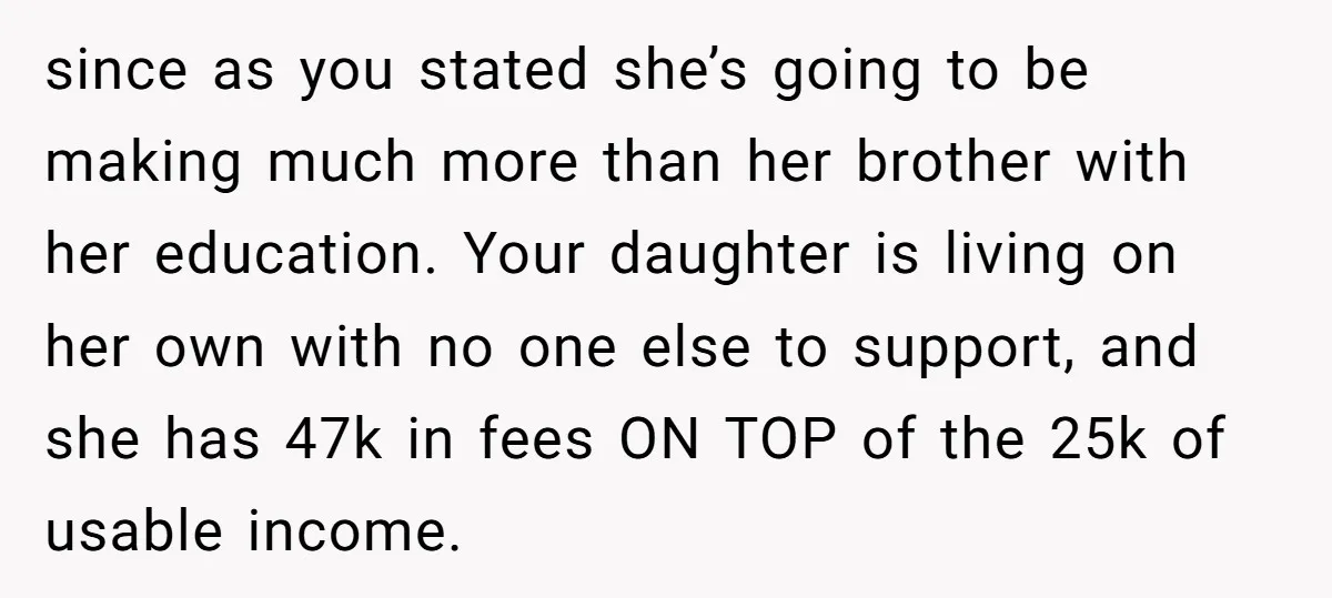 since as you stated she’s going to be making much more than her brother with her education. Your daughter is living on her own with no one else to support,...