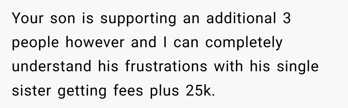 Your son is supporting an additional 3 people however and I can completely understand his frustrations with his single sister getting fees plus 25k.