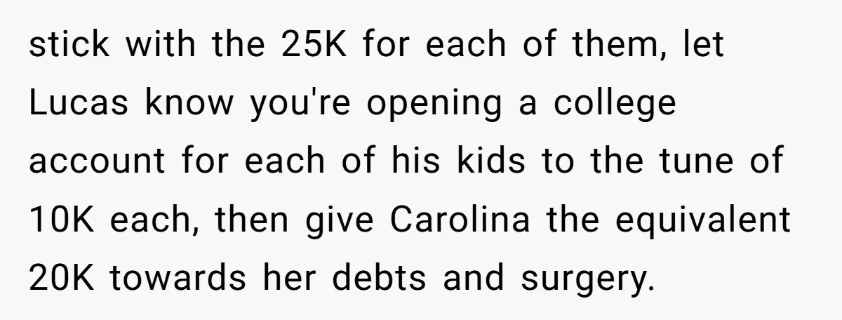 stick with the 25K for each of them, let Lucas know you're opening a college account for each of his kids to the tune of 10K each, then give Carolina...