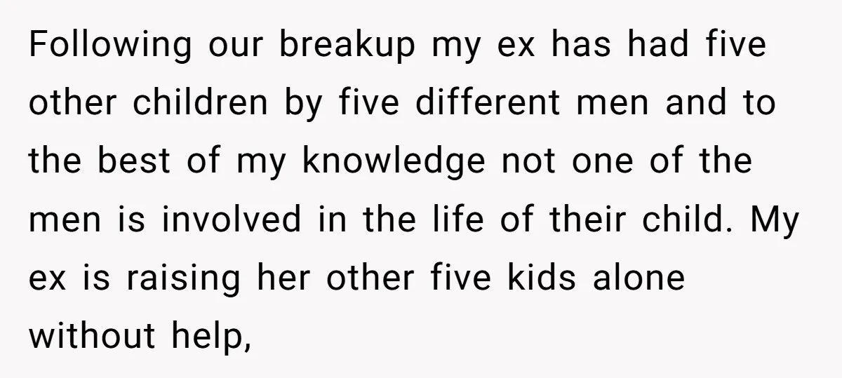 Following our breakup my ex has had five other children by five different men and to the best of my knowledge not one of the men is involved in the...
