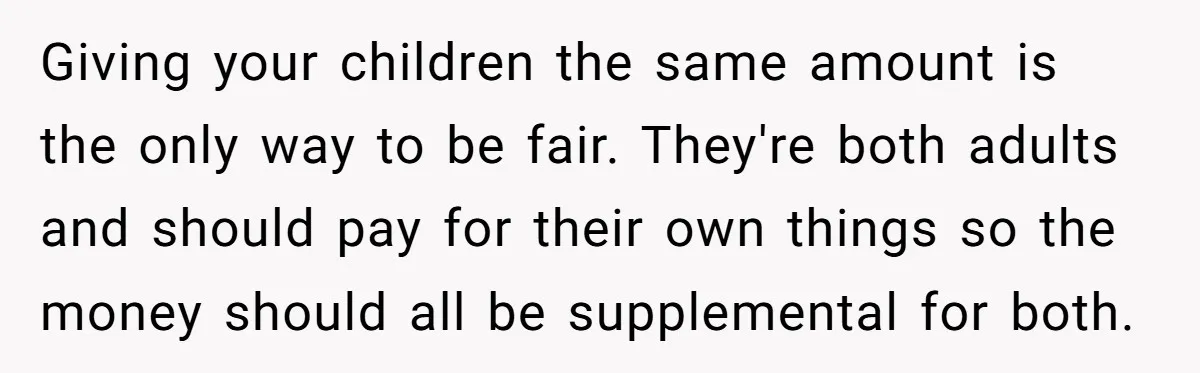 Giving your children the same amount is the only way to be fair. They're both adults and should pay for their own things so the money should all be supplemental...