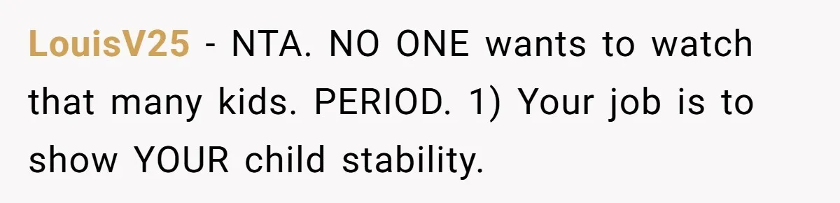 LouisV25 − NTA. NO ONE wants to watch that many kids. PERIOD. 1) Your job is to show YOUR child stability.